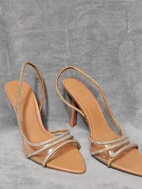 Zara Nude Tan Slingback Heels with Crystal Straps